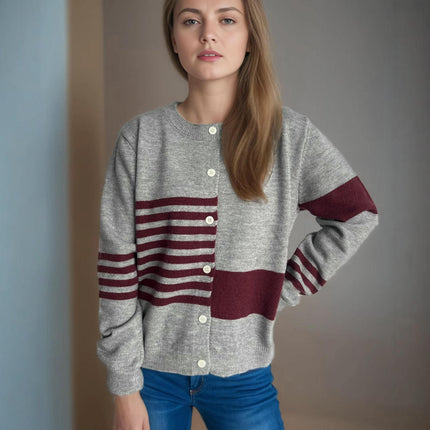 Autumn Casual Colorblock Striped Sweater Round Neck Button Knitted Cardigan Women's Clothing