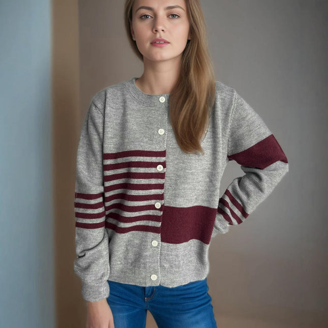Autumn Casual Colorblock Striped Sweater Round Neck Button Knitted Cardigan Women's Clothing