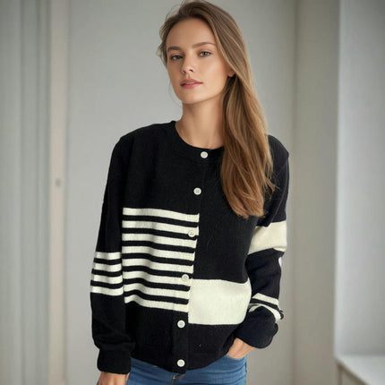 Autumn Casual Colorblock Striped Sweater Round Neck Button Knitted Cardigan Women's Clothing