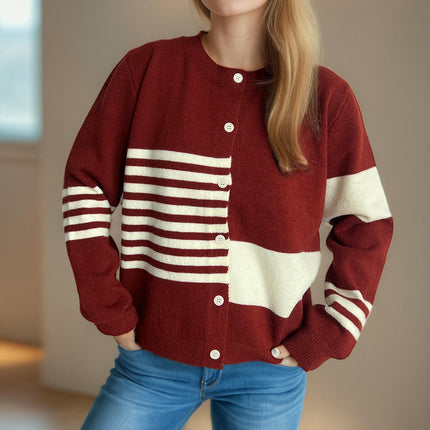 Autumn Casual Colorblock Striped Sweater Round Neck Button Knitted Cardigan Women's Clothing