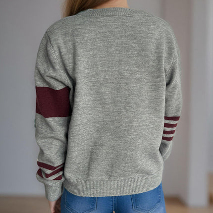 Autumn Casual Colorblock Striped Sweater Round Neck Button Knitted Cardigan Women's Clothing