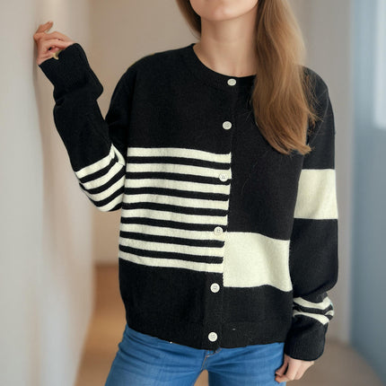 Autumn Casual Colorblock Striped Sweater Round Neck Button Knitted Cardigan Women's Clothing