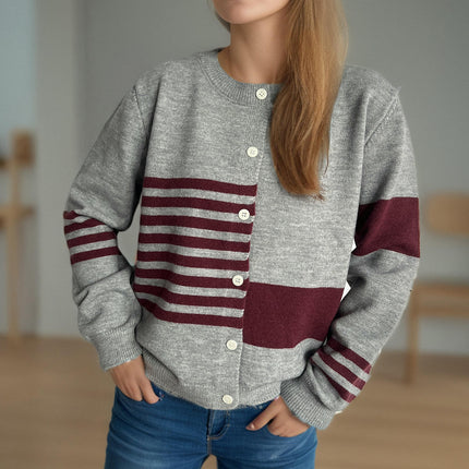 Autumn Casual Colorblock Striped Sweater Round Neck Button Knitted Cardigan Women's Clothing