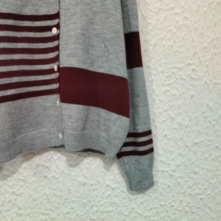 Autumn Casual Colorblock Striped Sweater Round Neck Button Knitted Cardigan Women's Clothing