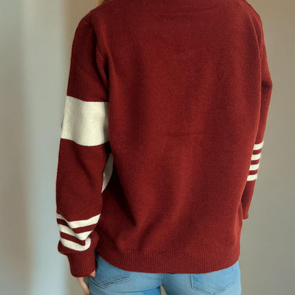 Autumn Casual Colorblock Striped Sweater Round Neck Button Knitted Cardigan Women's Clothing
