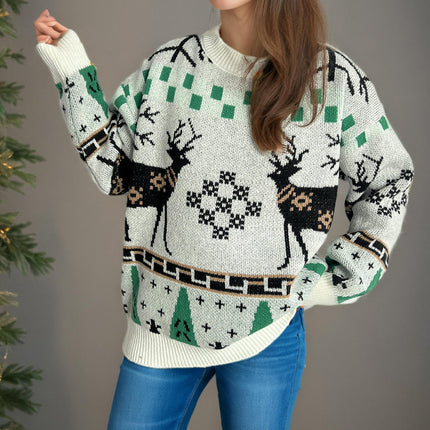 Autumn and Winter Christmas Sweater Women's Loose Splicing Jacquard Casual Pullover