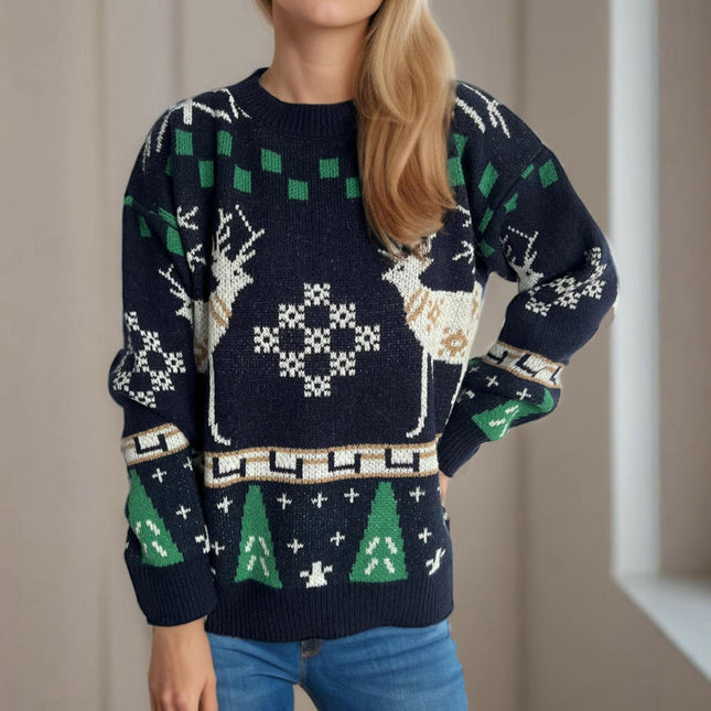 Autumn and Winter Christmas Sweater Women's Loose Splicing Jacquard Casual Pullover