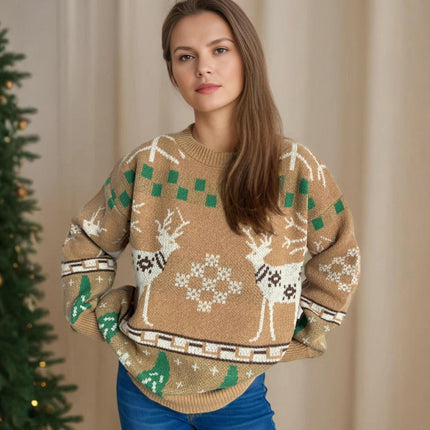 Autumn and Winter Christmas Sweater Women's Loose Splicing Jacquard Casual Pullover