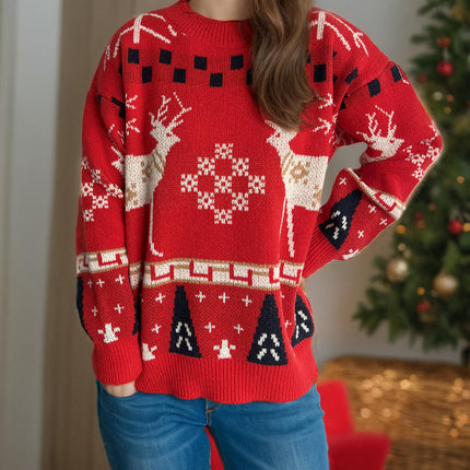Autumn and Winter Christmas Sweater Women's Loose Splicing Jacquard Casual Pullover