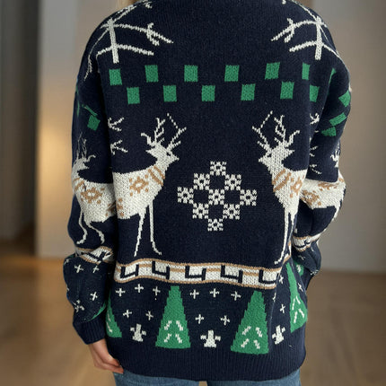 Autumn and Winter Christmas Sweater Women's Loose Splicing Jacquard Casual Pullover