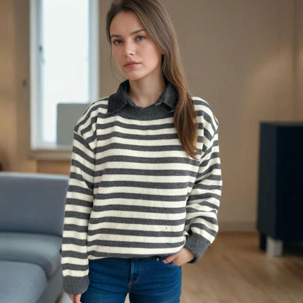 Women's Contrast Striped Knitted Sweater Splicing Lapel Casual Loose Pullover