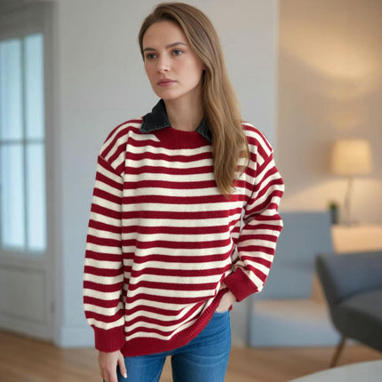Women's Contrast Striped Knitted Sweater Splicing Lapel Casual Loose Pullover