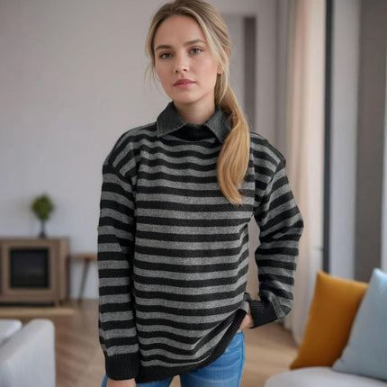 Women's Contrast Striped Knitted Sweater Splicing Lapel Casual Loose Pullover