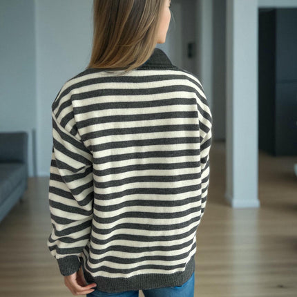 Women's Contrast Striped Knitted Sweater Splicing Lapel Casual Loose Pullover