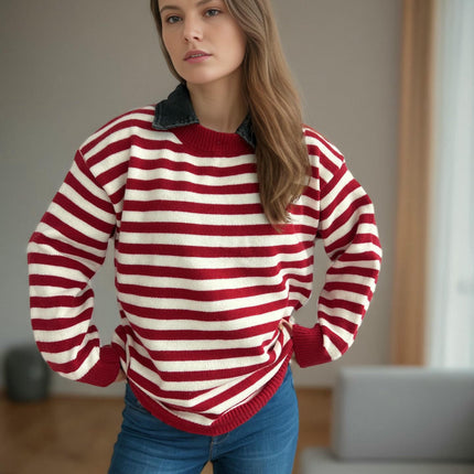 Women's Contrast Striped Knitted Sweater Splicing Lapel Casual Loose Pullover