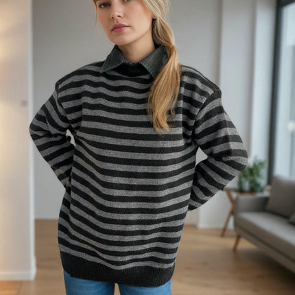 Women's Contrast Striped Knitted Sweater Splicing Lapel Casual Loose Pullover
