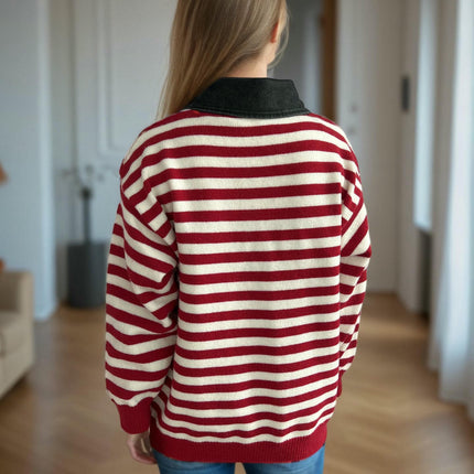 Women's Contrast Striped Knitted Sweater Splicing Lapel Casual Loose Pullover