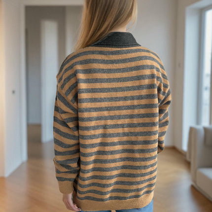 Women's Contrast Striped Knitted Sweater Splicing Lapel Casual Loose Pullover