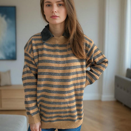 Women's Contrast Striped Knitted Sweater Splicing Lapel Casual Loose Pullover