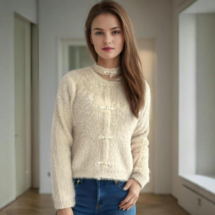 Women's Solid Color Long-Sleeved Neck Slim Fit Seahorse Wool Pullover Sweater