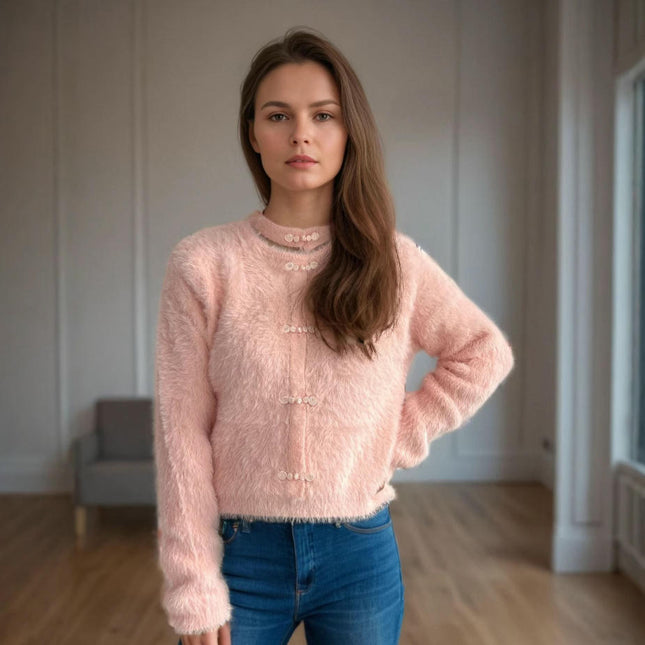 Women's Solid Color Long-Sleeved Neck Slim Fit Seahorse Wool Pullover Sweater