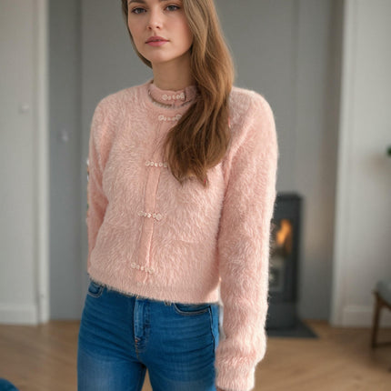 Women's Solid Color Long-Sleeved Neck Slim Fit Seahorse Wool Pullover Sweater