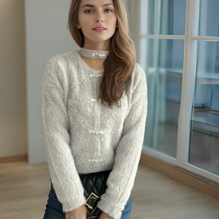 Women's Solid Color Long-Sleeved Neck Slim Fit Seahorse Wool Pullover Sweater