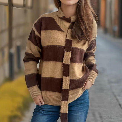 Women's Loose Contrast Striped Sweater V-Neck Pullover Long Sleeve Knitted Sweater Top