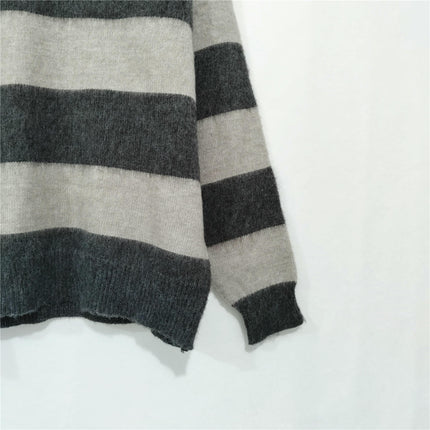 Women's Loose Contrast Striped Sweater V-Neck Pullover Long Sleeve Knitted Sweater Top