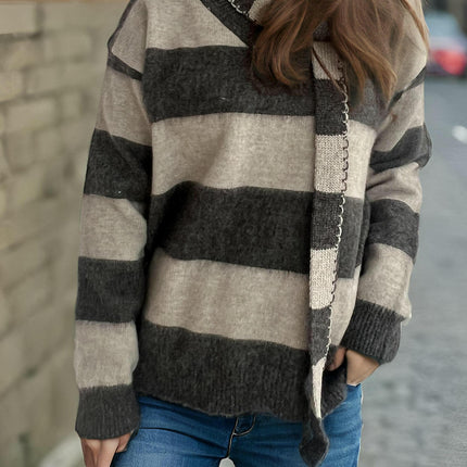 Women's Loose Contrast Striped Sweater V-Neck Pullover Long Sleeve Knitted Sweater Top