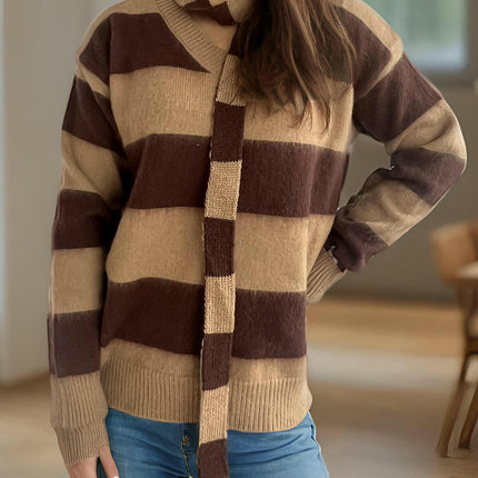 Women's Loose Contrast Striped Sweater V-Neck Pullover Long Sleeve Knitted Sweater Top