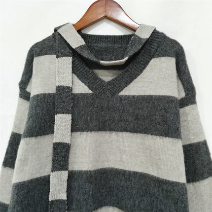 Women's Loose Contrast Striped Sweater V-Neck Pullover Long Sleeve Knitted Sweater Top