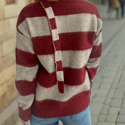 Women's Loose Contrast Striped Sweater V-Neck Pullover Long Sleeve Knitted Sweater Top