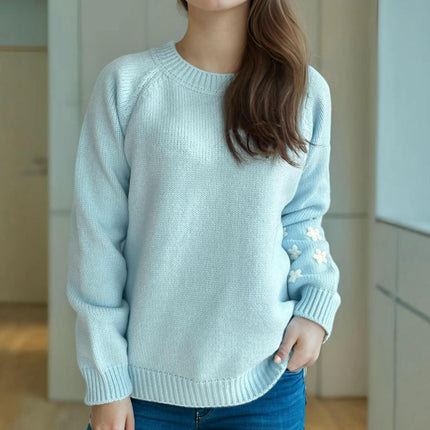 Women's Flower Embroidered Long Sleeve Sweater Autumn Lazy Style Loose Casual Top