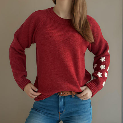 Women's Flower Embroidered Long Sleeve Sweater Autumn Lazy Style Loose Casual Top