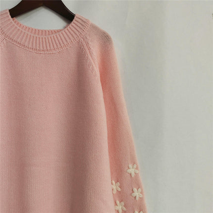 Women's Flower Embroidered Long Sleeve Sweater Autumn Lazy Style Loose Casual Top
