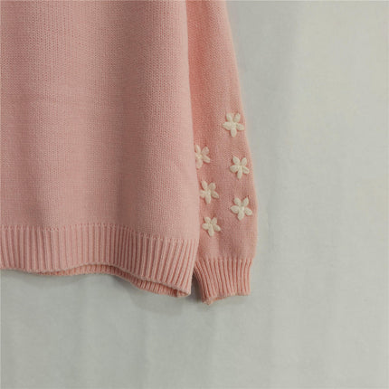 Women's Flower Embroidered Long Sleeve Sweater Autumn Lazy Style Loose Casual Top