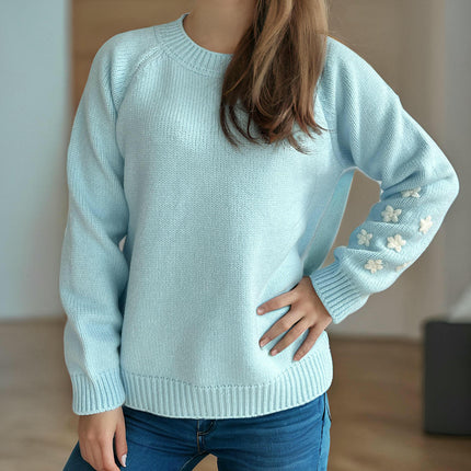 Women's Flower Embroidered Long Sleeve Sweater Autumn Lazy Style Loose Casual Top