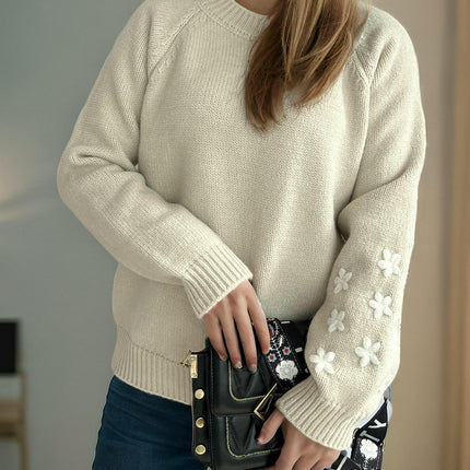 Women's Flower Embroidered Long Sleeve Sweater Autumn Lazy Style Loose Casual Top