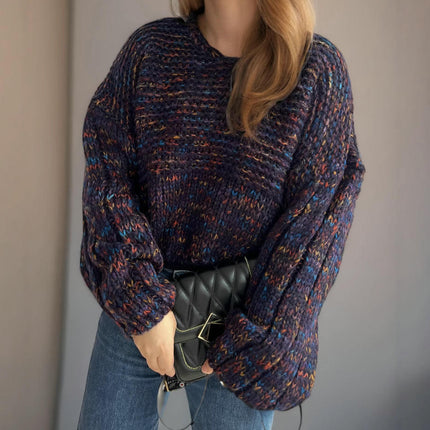 Winter Women's Contrast Color Thick Pullover V-neck Lazy Long-sleeved Knitted Sweater