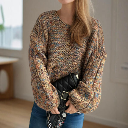 Winter Women's Contrast Color Thick Pullover V-neck Lazy Long-sleeved Knitted Sweater