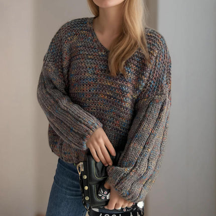 Winter Women's Contrast Color Thick Pullover V-neck Lazy Long-sleeved Knitted Sweater