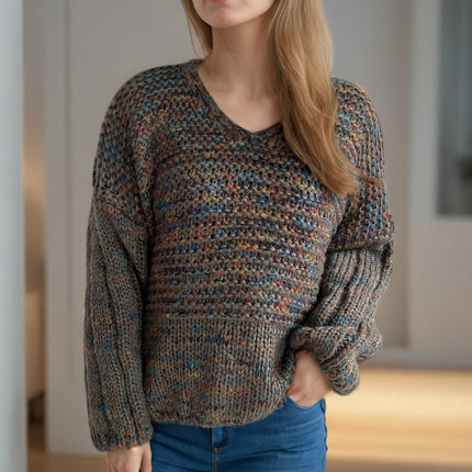 Winter Women's Contrast Color Thick Pullover V-neck Lazy Long-sleeved Knitted Sweater
