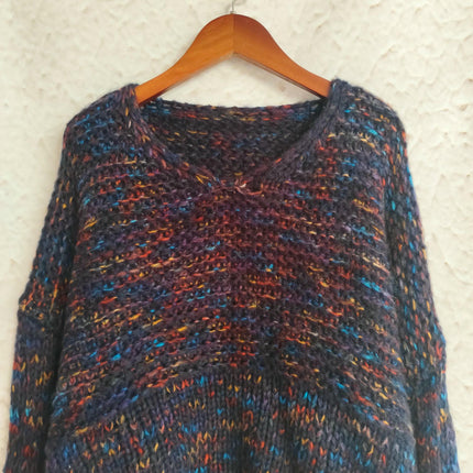 Winter Women's Contrast Color Thick Pullover V-neck Lazy Long-sleeved Knitted Sweater