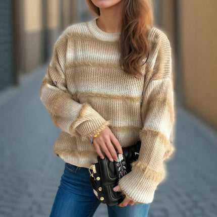 Women's Round Neck Pullover Sweater Faux Mink Striped Gradient Knit Sweater Top