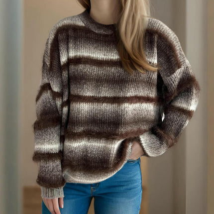Women's Round Neck Pullover Sweater Faux Mink Striped Gradient Knit Sweater Top