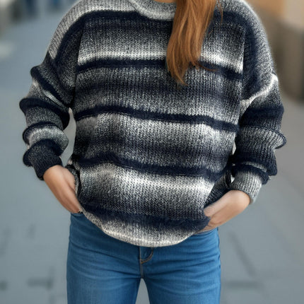 Women's Round Neck Pullover Sweater Faux Mink Striped Gradient Knit Sweater Top