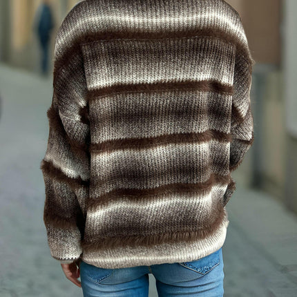 Women's Round Neck Pullover Sweater Faux Mink Striped Gradient Knit Sweater Top
