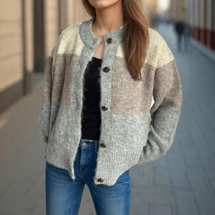 Women's Autumn Casual Striped Crew Neck Sweater Loose Long Sleeve Cardigan