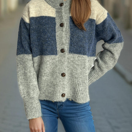 Women's Autumn Casual Striped Crew Neck Sweater Loose Long Sleeve Cardigan